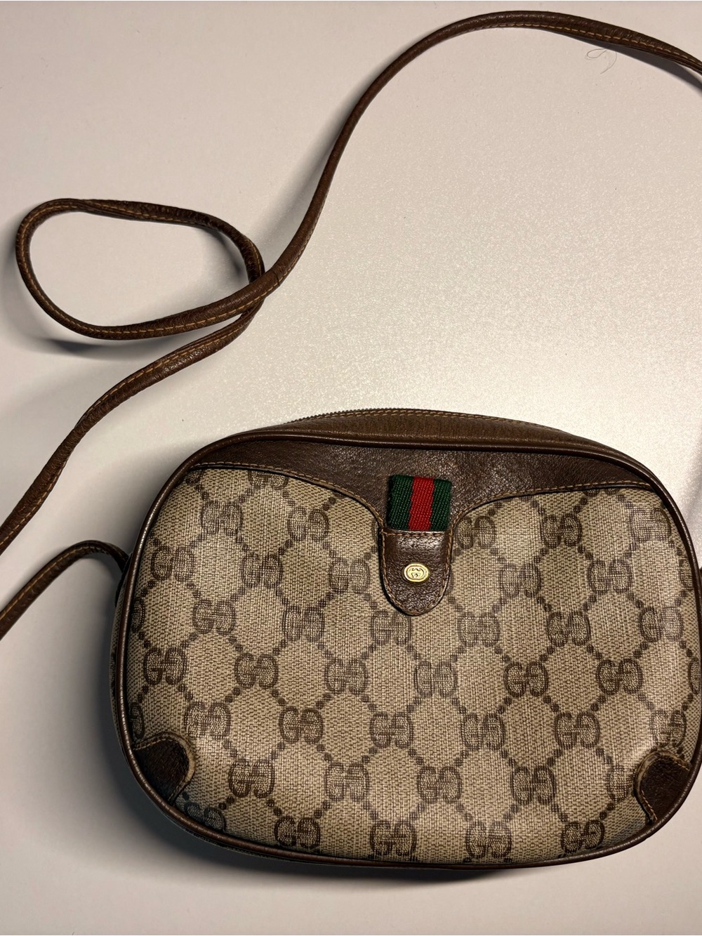 Gucci Beige & Brown Monogram Cosmetic Pouch with Green-Red Web - Picture 2 of 3